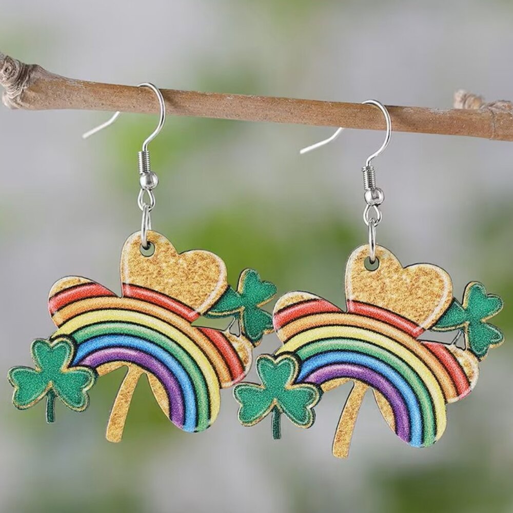 St. Patrick's Day Green 4 Leaf Clover Rainbow Shamrock Pendant Earrings Z149